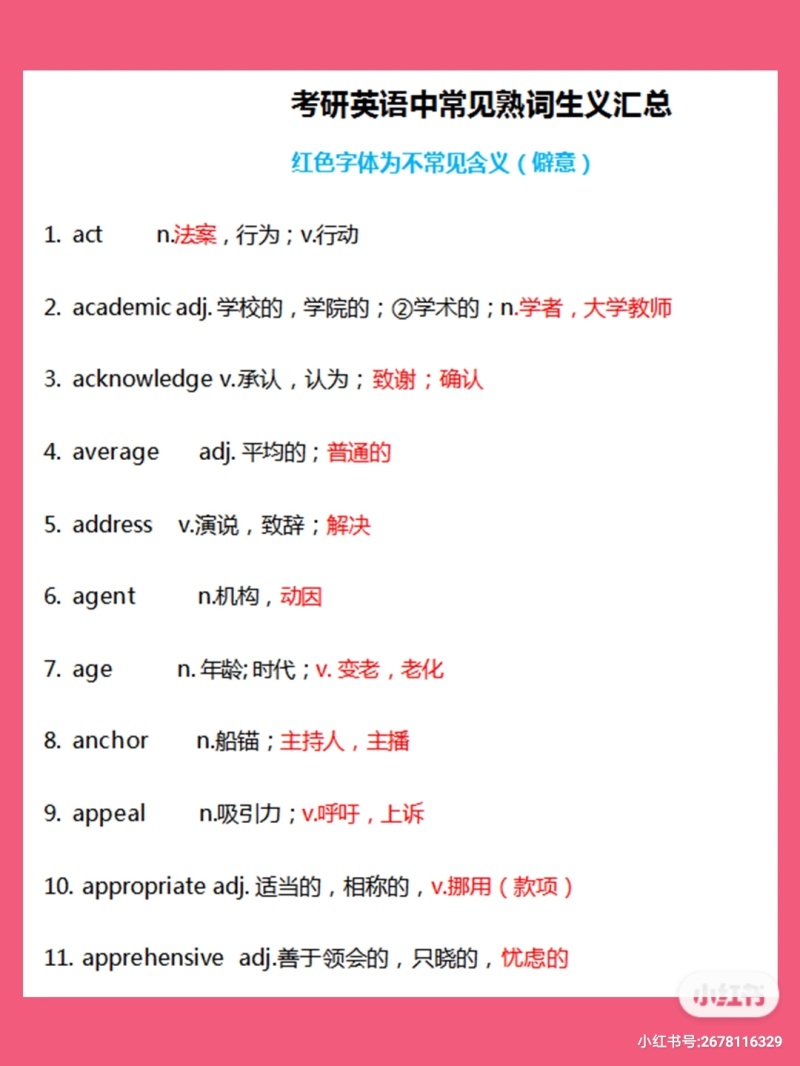 考研英语常考熟词僻义 红色字体为僻义 虎扑