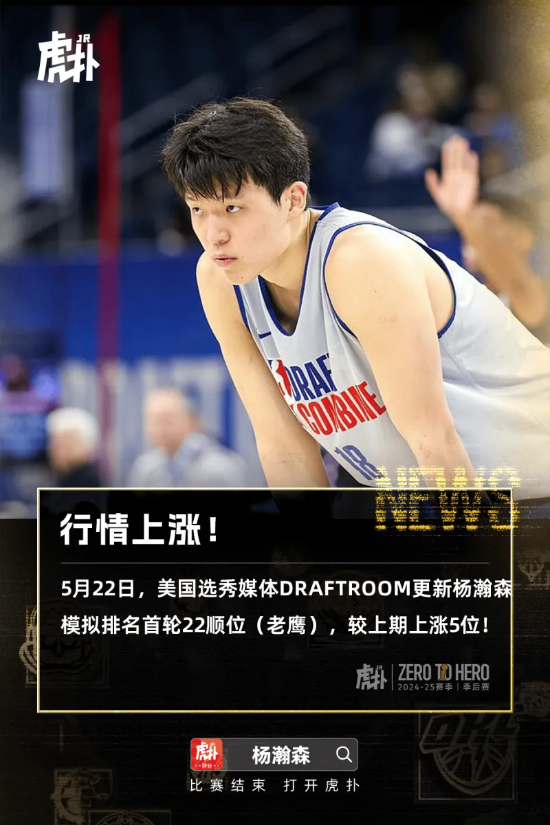 [流言板]行情继续涨！Draft Room预测杨瀚森首轮第22顺位被老鹰选中
